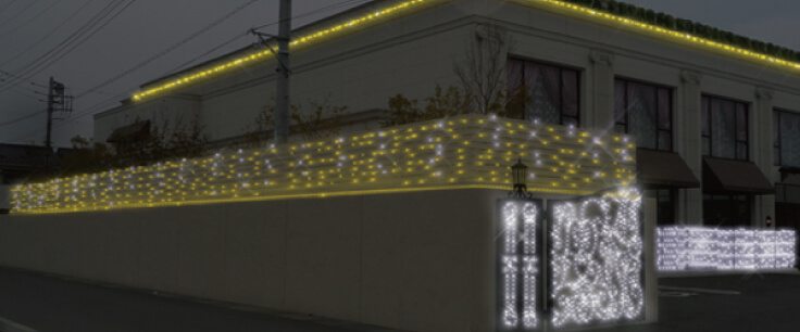 イルミネーション施工イメージ -点灯- 某結婚式場様道路から見える外観